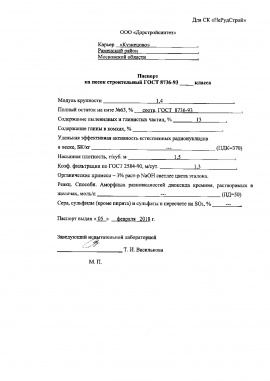 Паспорт на строительный песок (модуль крупности 1,4) карьера "Кузнецово"  