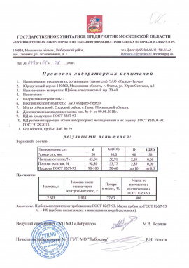 Протокол лабораторных испытаний на щебень известняковый фр.20-40 ЗАО "Карьер-Неруд"
